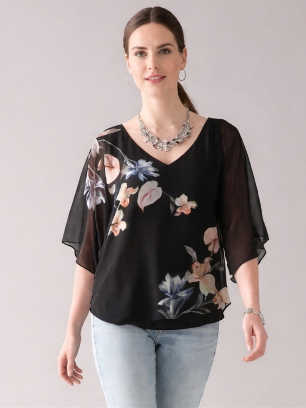 White House Black Market Floral Sheer Overlay Blouse Black Flowing Top Size L